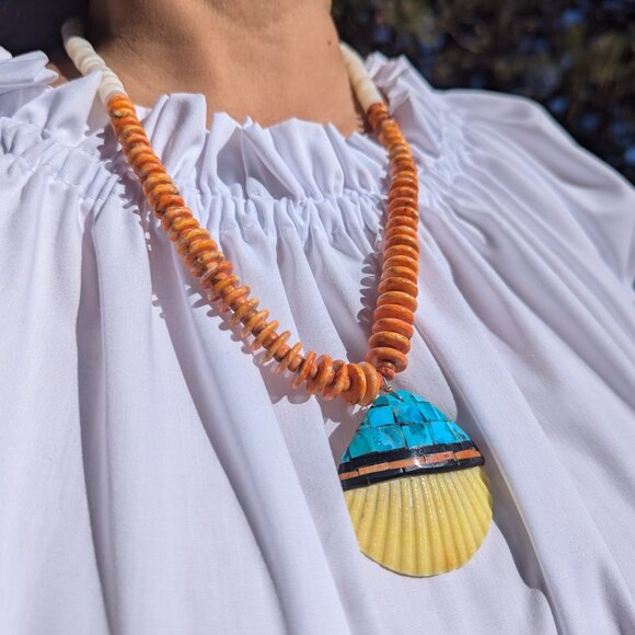 Native American Handmade Tribal Necklace Earrings Set Santo Domingo Kewa Shell * - Picture 8 of 13